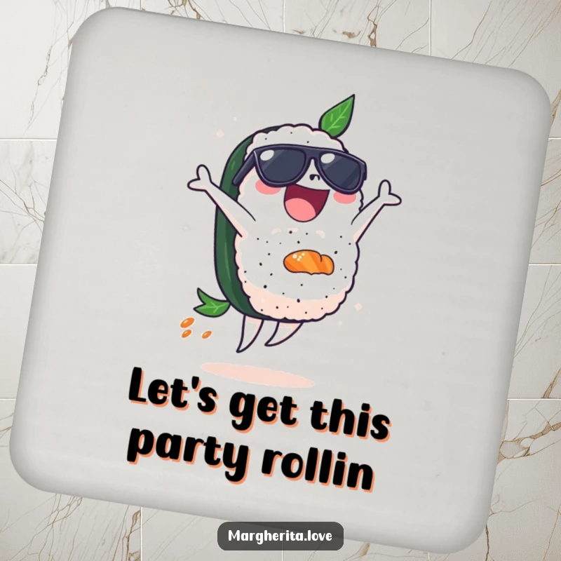 Funny drink coaster featuring a delighted sushi piece in sunglasses, doing a backflip, protecting surfaces with cool vibes.