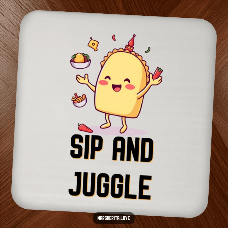 Happy taco character juggling toppings, featured on a protective and humorous drink coaster.