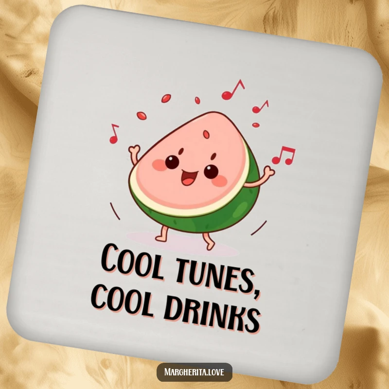 Funny drink coaster: A slice of watermelon grooves to music, seeds playfully popping, a fun and humorous table accessory.