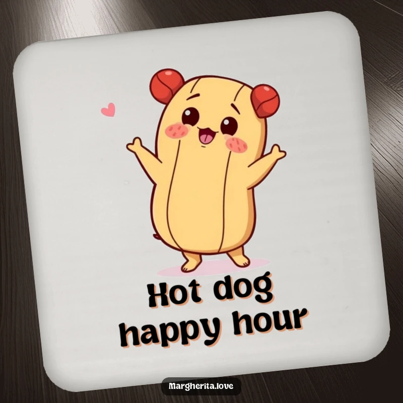 Funny drink coaster with a hot dog character doing a playful shimmy, bringing rhythmic protection.
