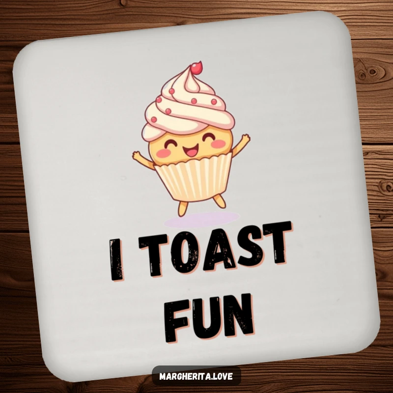 Funny coaster featuring a cheerful cupcake joyfully bouncing a ball, adding a sweet, playful touch to drink service.