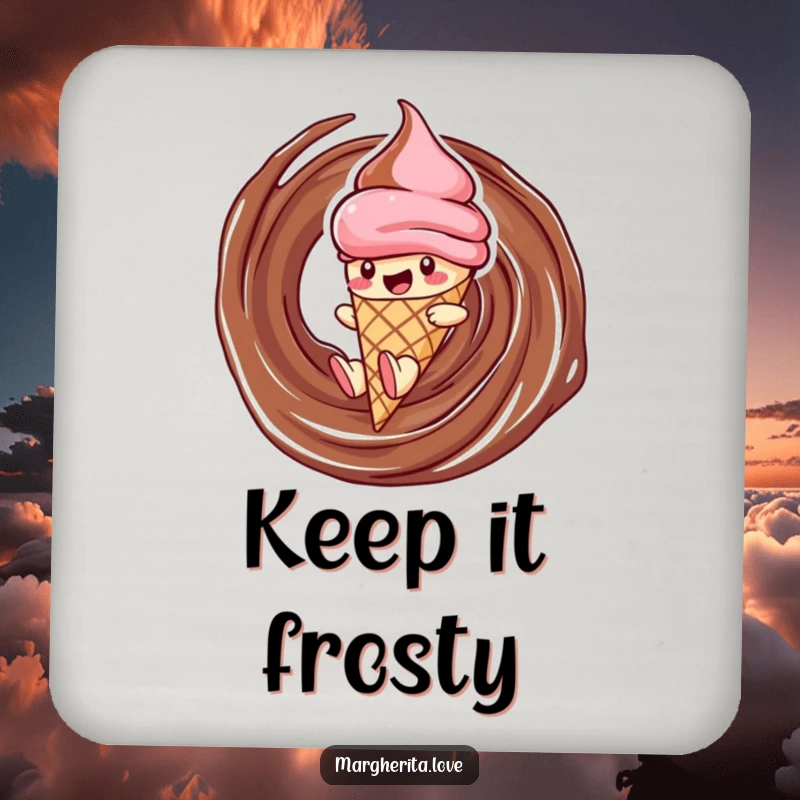 Funny ice cream drink coaster showing a delighted cone character sliding down a chocolate swirl, adding a humorous touch to tables.