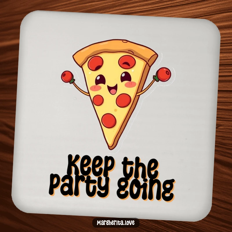 Funny coaster featuring a smiling pizza slice juggling pepperoni, adding a humorous touch to drink service.