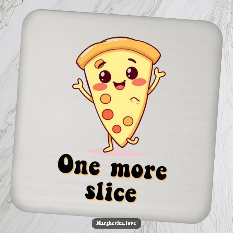 Funny pizza slice drink coaster featuring a smiling, anthropomorphic pizza character doing a joyful dance, protecting surfaces with a humorous flair.