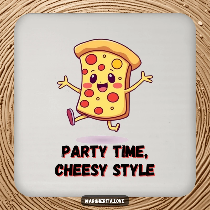 Funny drink coaster featuring a cheerful pizza slice with legs, dancing joyfully, protecting surfaces with fun.