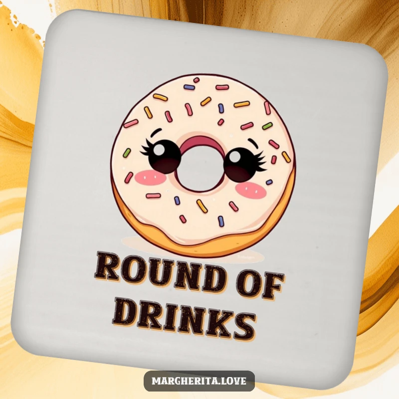 Funny drink coaster with a curious doughnut character and sprinkles, looking around, bringing sweet protection.