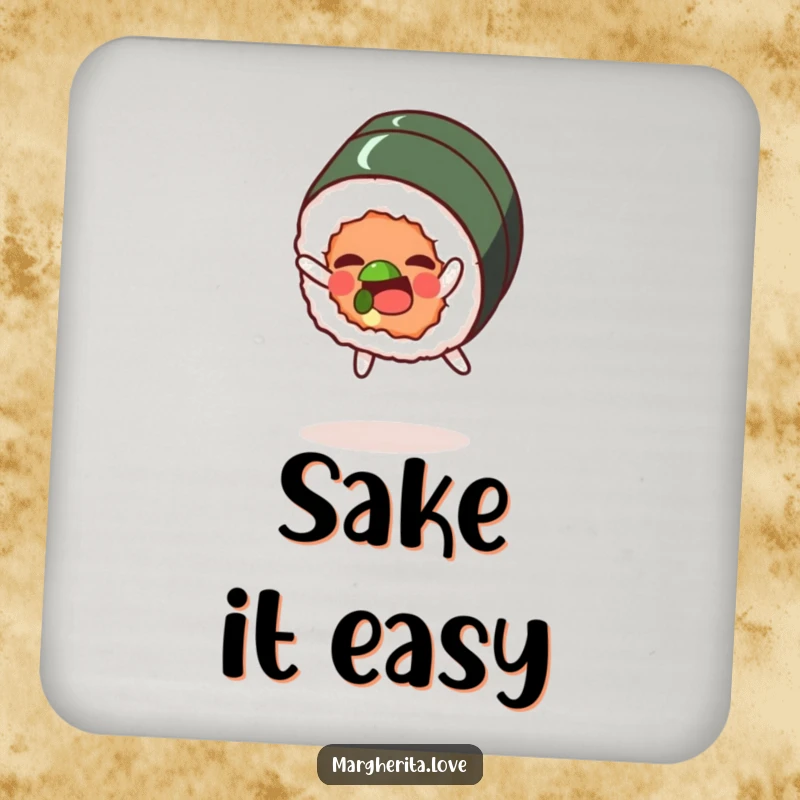 Funny drink coasters showcasing a delighted sushi roll character doing a playful somersault, adding a humorous flair.