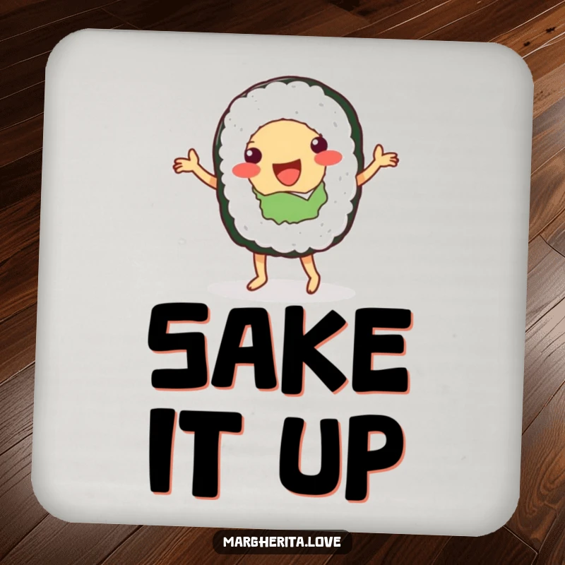 Funny coaster showcasing a dancing sushi roll, protecting furniture with a dose of edible entertainment.