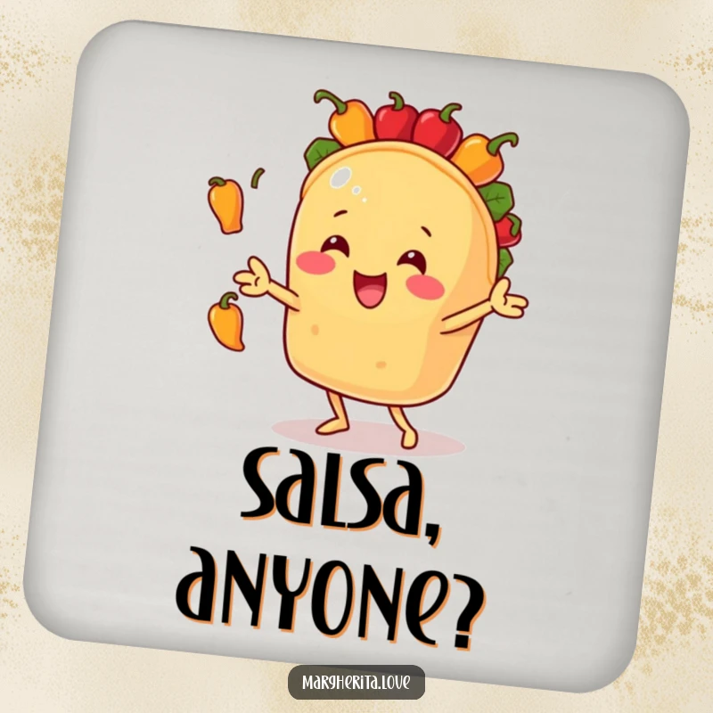 Funny drink coasters featuring a happy taco character juggling small bell peppers, adding a humorous element to table settings.