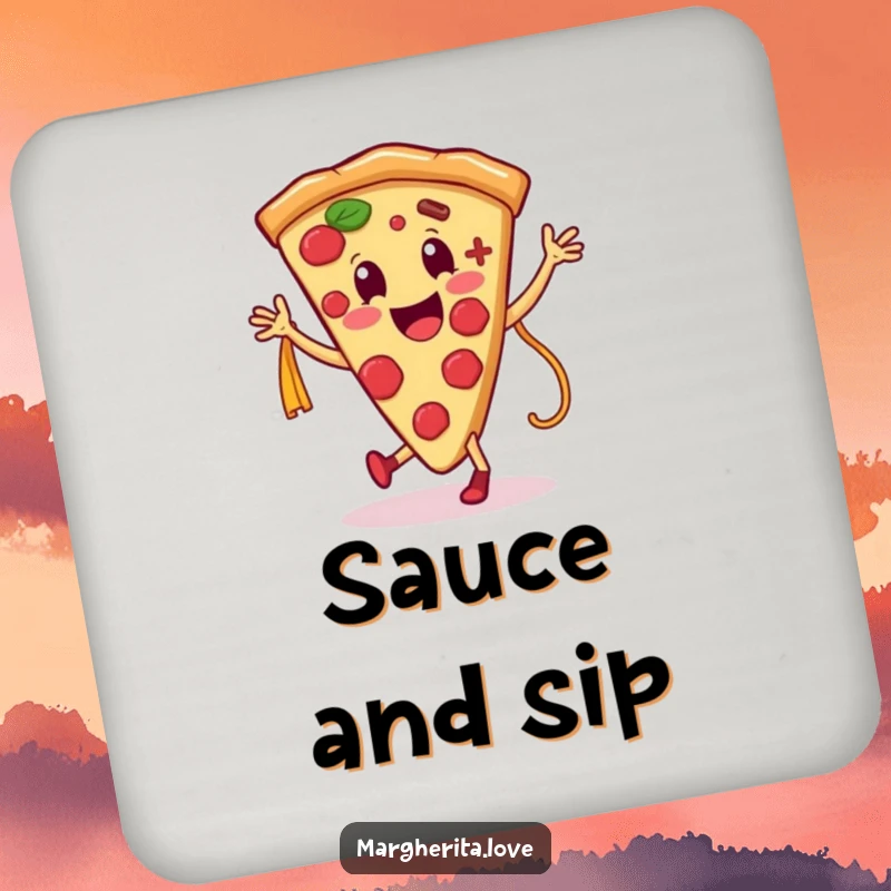 Funny drink coaster featuring a smiling pizza slice character dancing with a pasta noodle, adding festive flair to tabletops.
