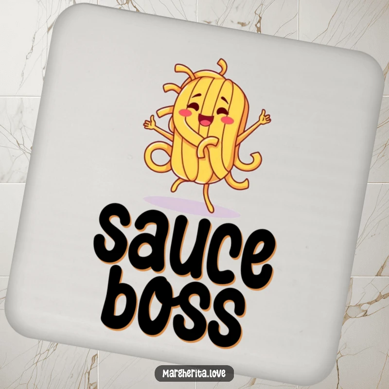 Funny pasta character performing a silly dance, printed on drink coasters to add humor and protect surfaces.