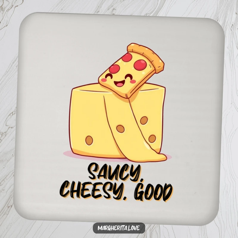 Smiling pizza slice sliding down a cheese strand, featured on a set of protective drink coasters.