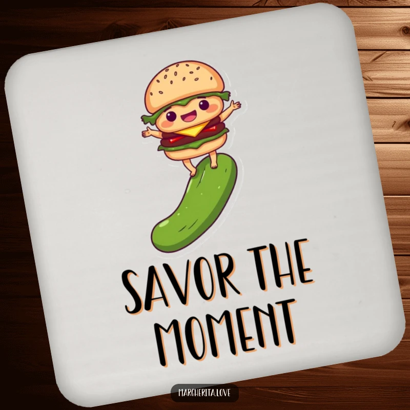 Funny drink coaster featuring a delighted burger person balancing on a pickle, providing quirky food-themed protection for furniture.