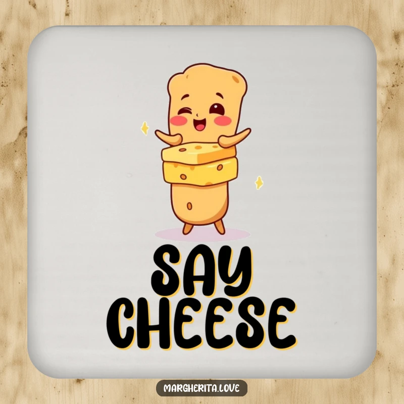 Funny giggling baguette character balancing cheese, printed on drink coasters for humorous surface protection.
