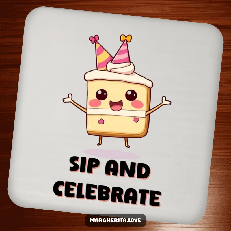 Funny drink coaster with a happy, bouncing cake slice character in a party hat, bringing festive cheer.