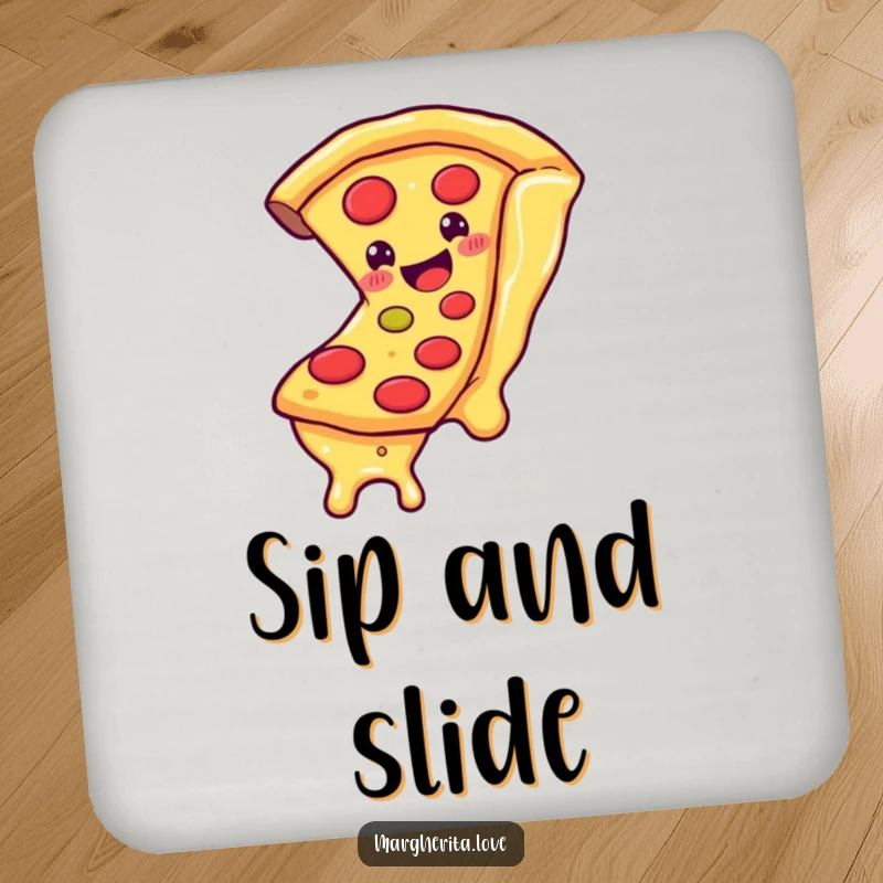 Funny coaster with a smiling pizza slice character sliding down a cheese strand, adding a touch of cheesy humor to your table.