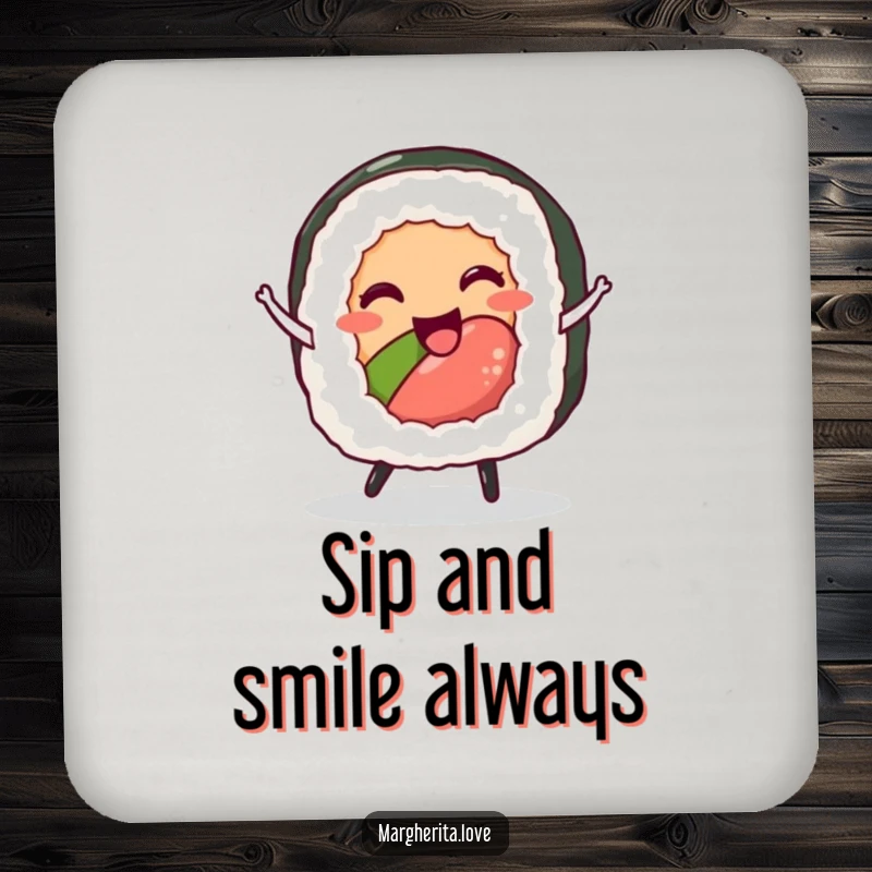 Funny sushi roll dance coasters showing a delighted character grooving, perfect for protecting furniture with style.
