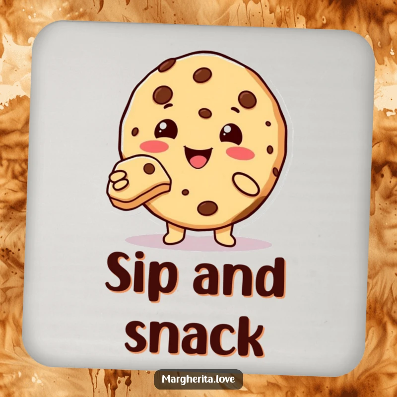 Funny cute cookie character offering a bite, protective drink coaster.