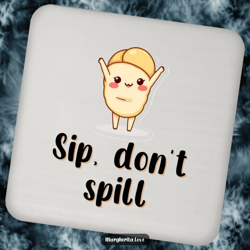 Funny drink coasters featuring a charming croissant character in a handstand, protecting surfaces with whimsical elegance.