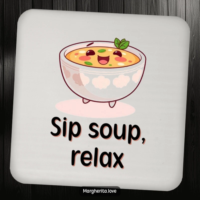 Funny soup skip drink coaster featuring a content bowl of soup doing a happy skip, a comforting and humorous addition to protect tables.