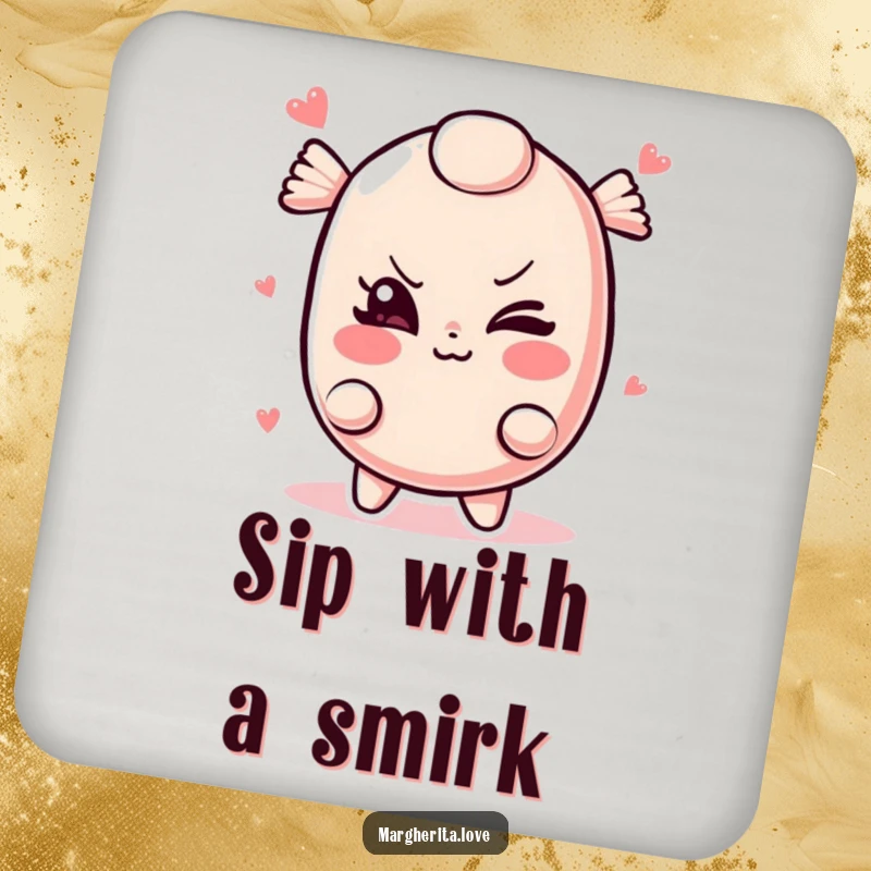 Funny candy coaster featuring a mischievous winking candy, perfect for adding a touch of cheekiness to drink service.