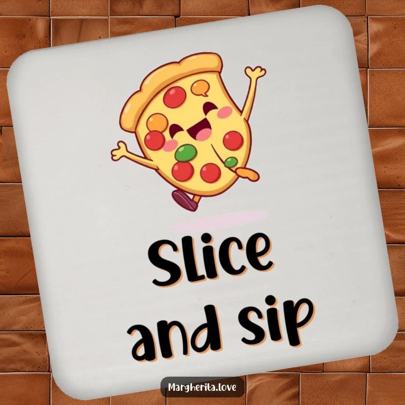 Funny pizza slice character doing a cartwheel, featured on a protective and humorous drink coaster.