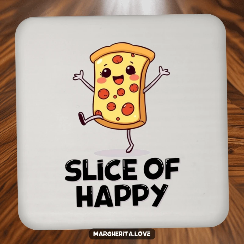 Funny pizza cartwheel coaster, depicting a happy pizza slice doing a cartwheel, adding whimsical protection.