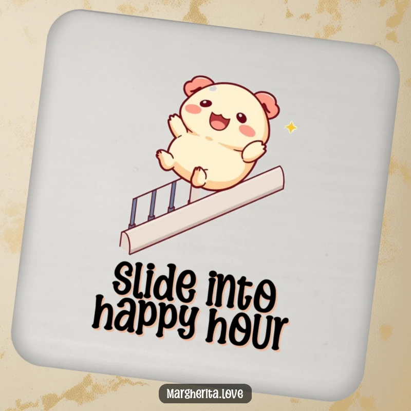 Funny drink coasters showcasing a jolly dumpling character sliding down a banister, protecting surfaces with playful humor.