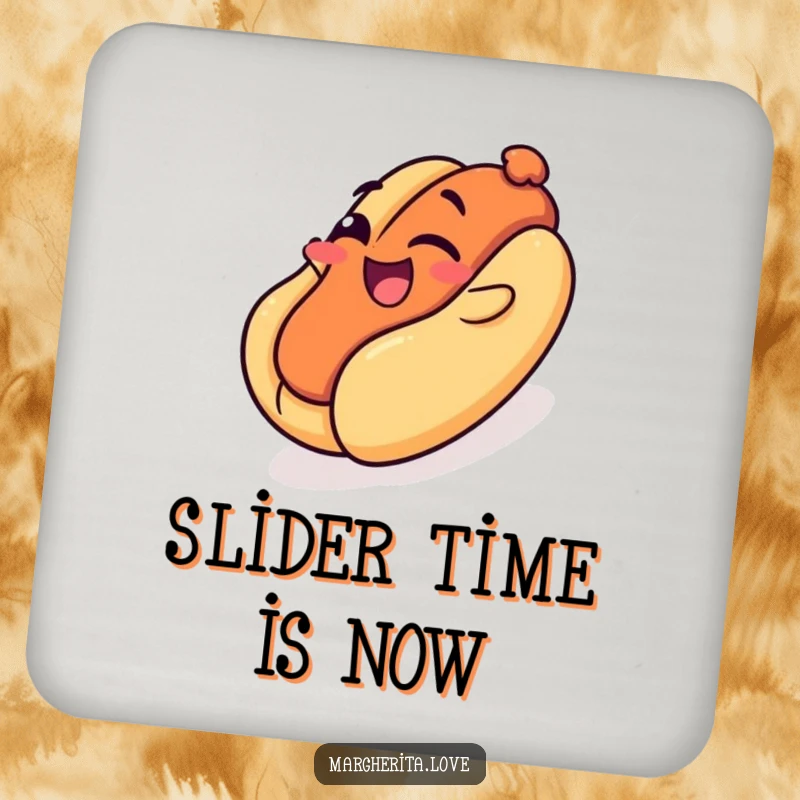 Funny drink coaster: A winking hot dog slides down a bun like a playground, offering a fun and humorous touch to any table.
