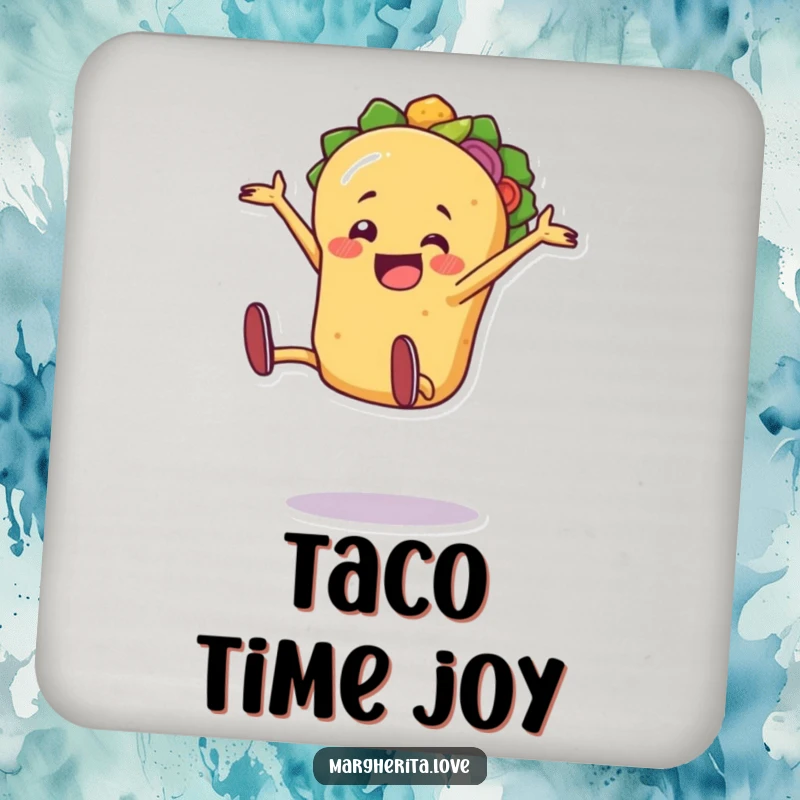 Jaunty taco person doing an excited cartwheel, featured on a set of protective drink coasters.