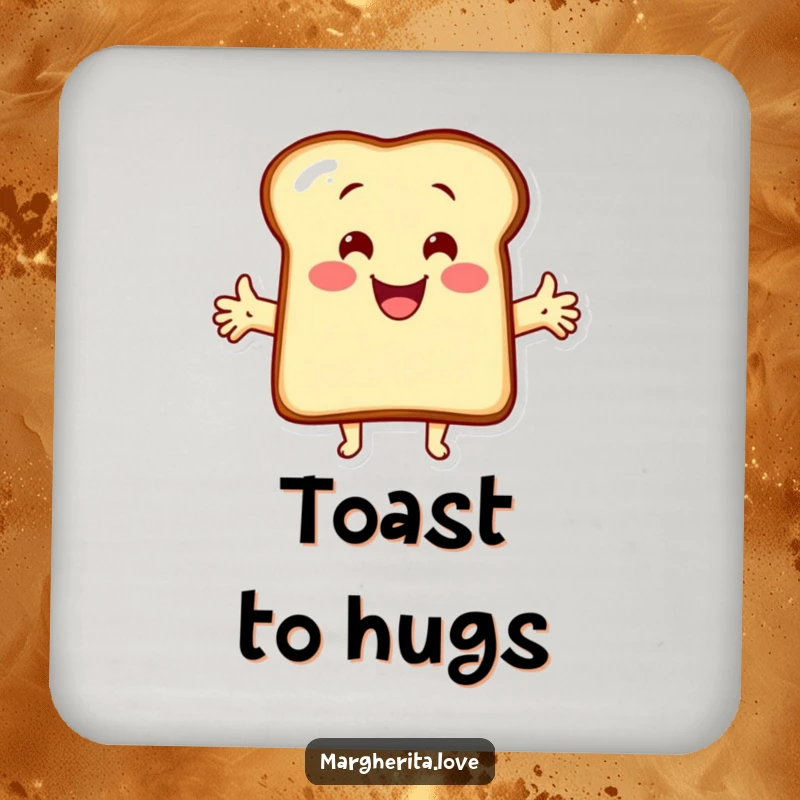 Funny drink coaster with a cartoon toast character offering open arms for a hug. Protects surfaces with cheerful charm.
