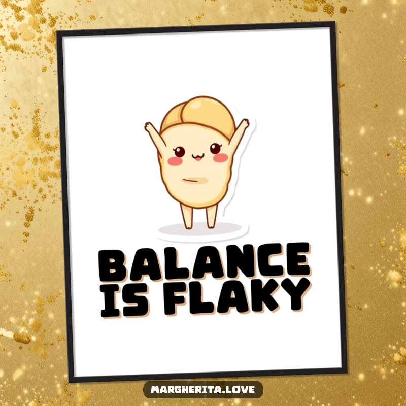 Funny poster art of a charming croissant perfectly balancing in a handstand, adding whimsical and sophisticated decor.