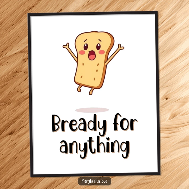 Funny poster capturing a breadstick person's surprised leap, ideal for adding whimsical energy to any space.