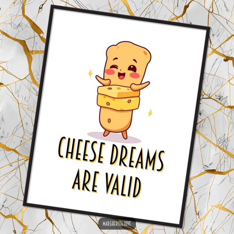 Funny giggling baguette balancing cheese, depicted in a humorous poster perfect for adding personality to kitchen decor.