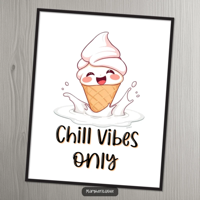 Funny poster depicting a giggling ice cream cone person splashing in milk, bringing sweet and humorous fun to any wall.