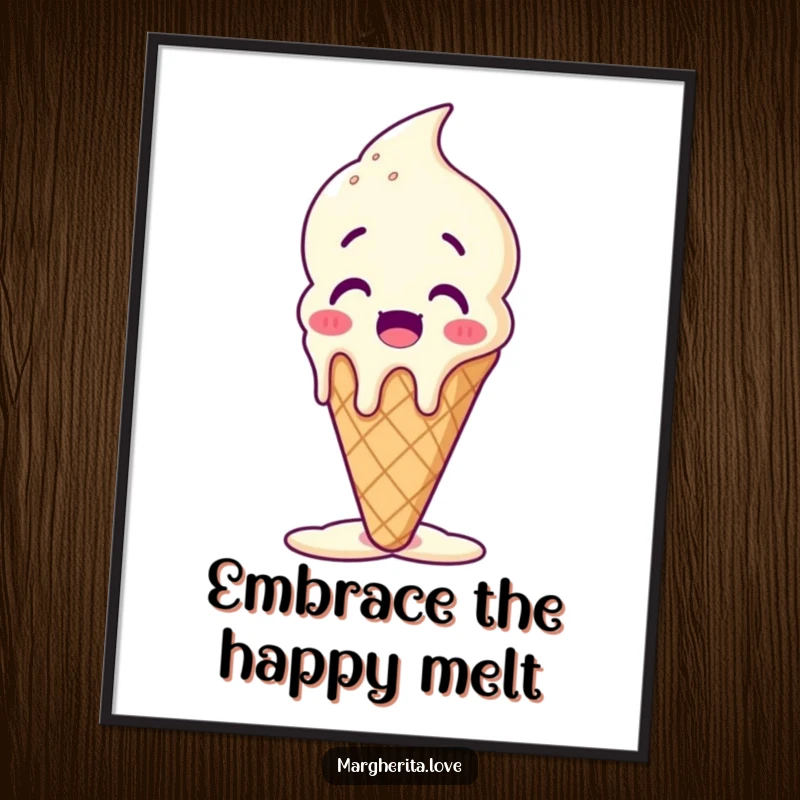 Funny melting ice cream cone poster showing a surprised character melting happily, perfect for kitchen or cafe decor.