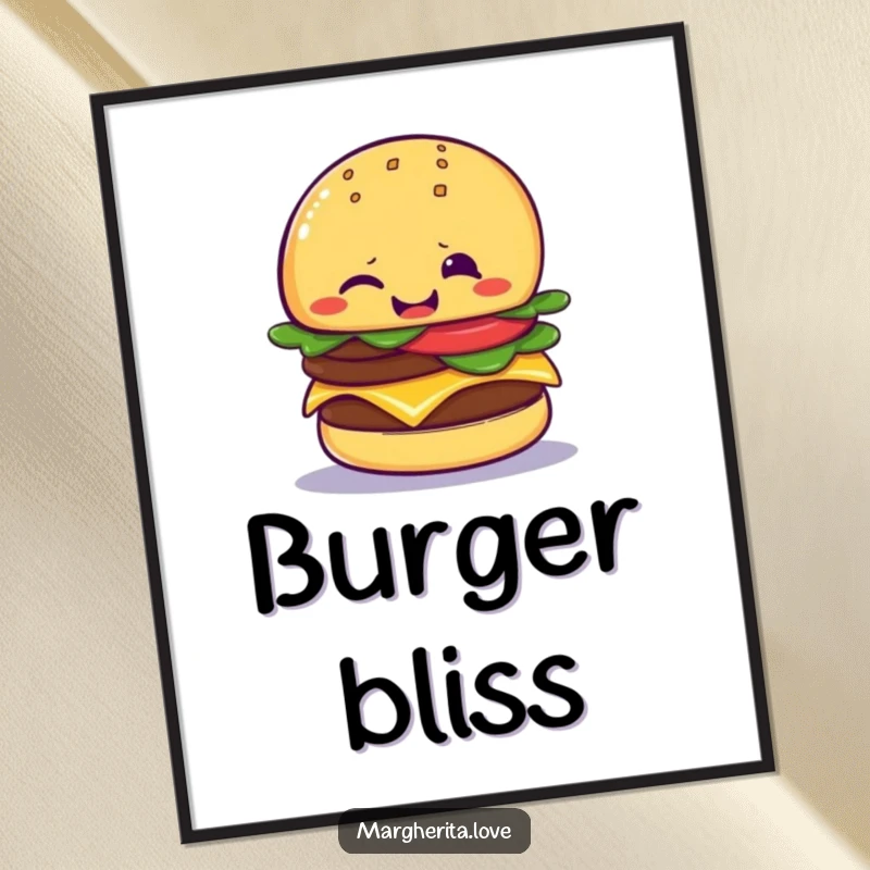 Funny cheeseburger wink poster featuring a giggling cheeseburger giving a playful wink, adding a touch of cheeky humor to any space.