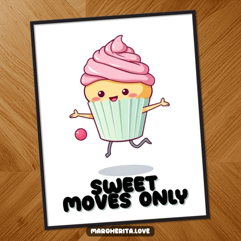 Funny poster: A happy anthropomorphic cupcake skips rope, frosting flying, a vibrant and cheerful piece of art.