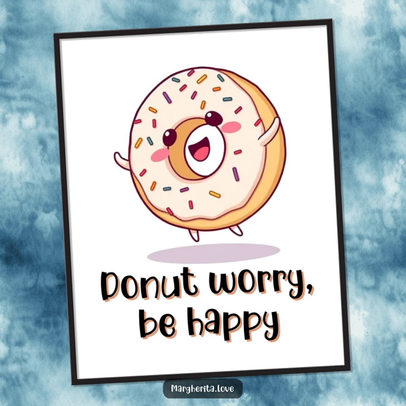 Funny poster of a giggling donut with sprinkles, executing a cartwheel with pure joy, adding a vibrant and sweet element.