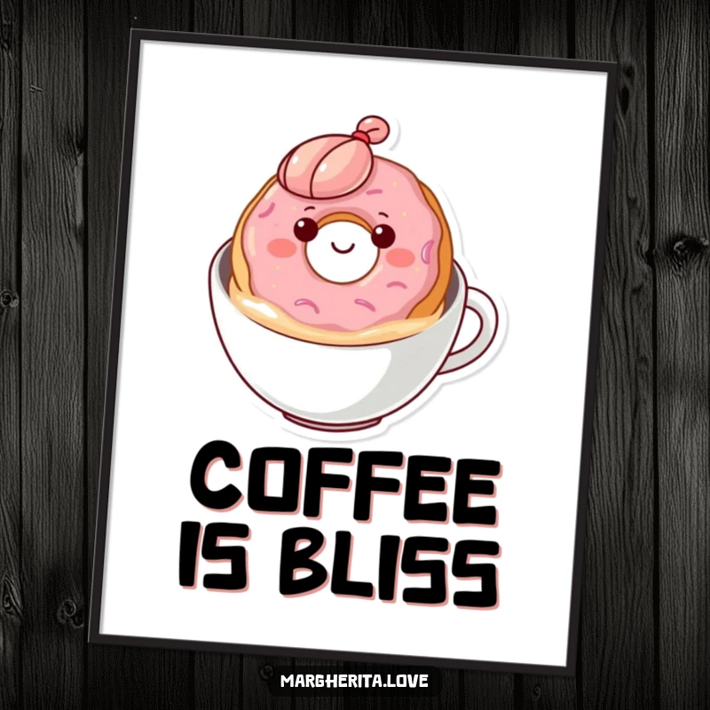 Funny donut coffee poster print of a happy donut floating in coffee, creating a sweet and humorous visual for decor.