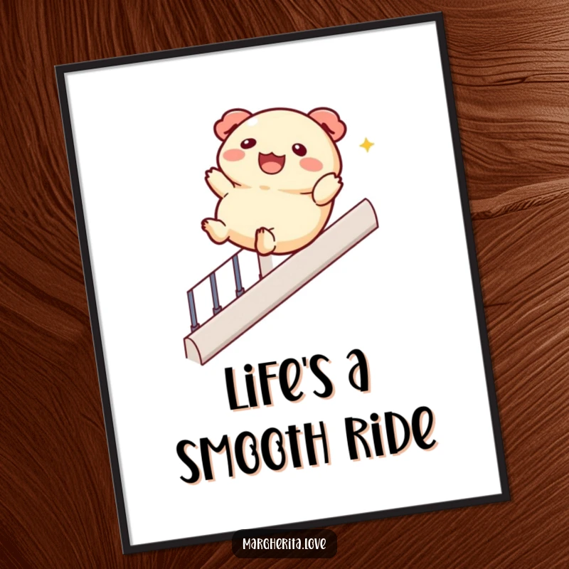 Funny poster art of a jolly dumpling character sliding down a banister, bringing energetic and humorous food-themed decor.