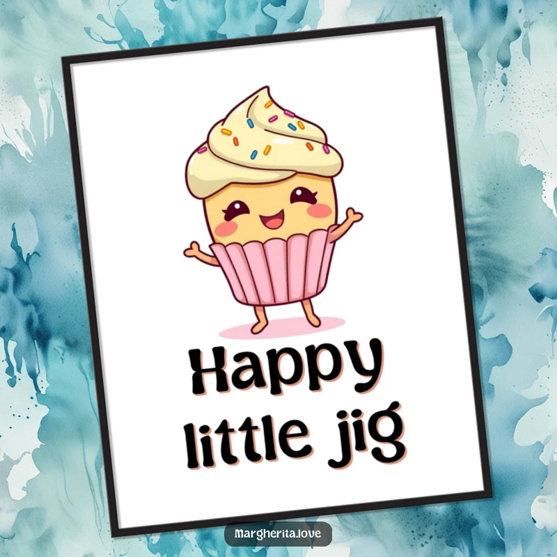 A giggling cupcake with sprinkles doing a little jig, displayed as a funny art poster, adding sweet cheer to any room.