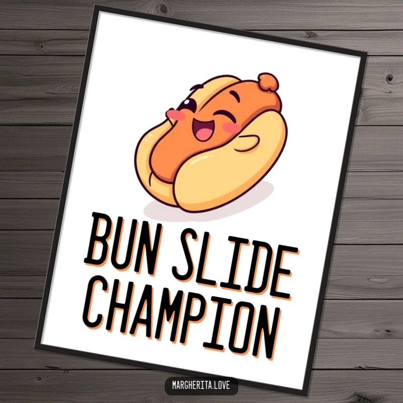 Funny poster: A smiling hot dog winks while sliding down a bun like a playground, a whimsical and humorous illustration.