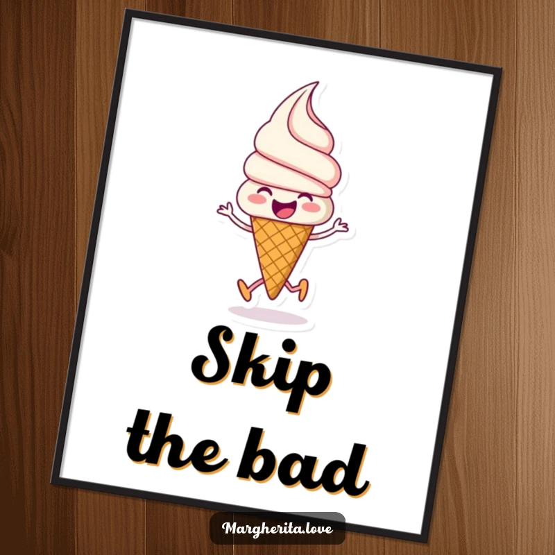 Funny ice cream poster depicting a beaming ice cream cone joyfully skipping, adding a whimsical and happy touch to walls.