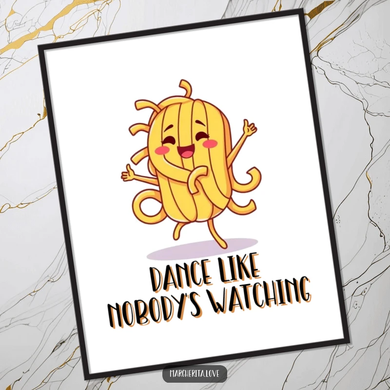 Funny pasta character captured mid-silly dance, creating a vibrant and humorous poster for kitchen or dining room decor.