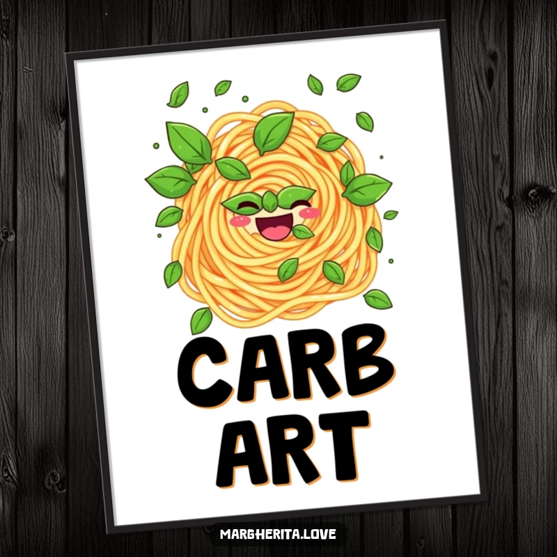 Funny poster featuring a pasta swirl in mid-air, expertly juggling fresh basil leaves with a playful expression.