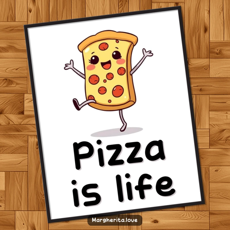 Funny pizza cartwheel poster, depicting a happy pizza slice doing a cartwheel, perfect for fun food-themed decor.