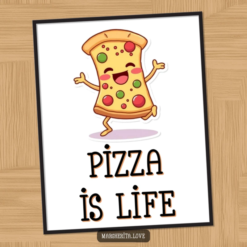 Funny pizza dance poster print of a slice with legs dancing comically, toppings flying, creating a festive and humorous visual.