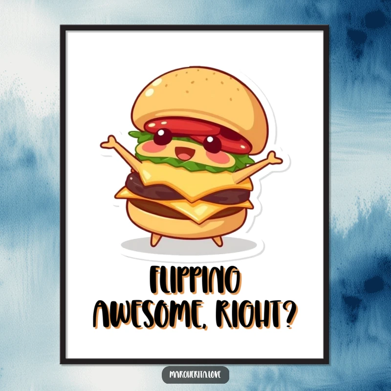 Funny poster art of a playful burger happily flipping itself, bringing energetic and humorous food-themed decor to any space.