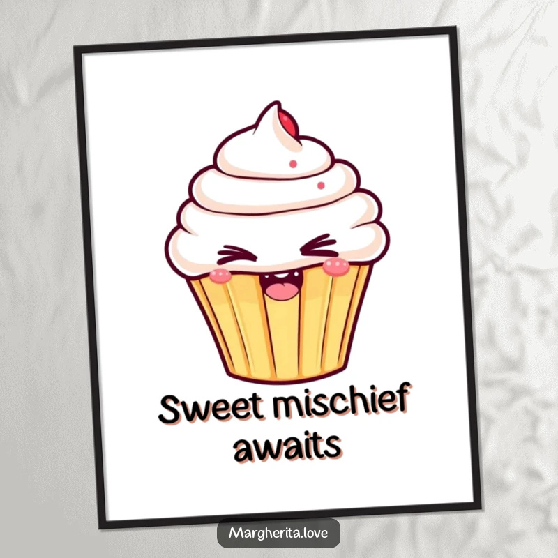 Funny poster art of an enthusiastic cupcake winking mischievously, bringing a splash of sweet and playful charm to any room.